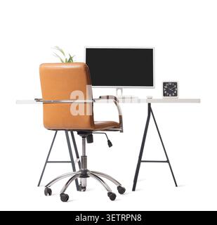 Modern office workspace with computer monitor and brown swivel chair Stock Photo