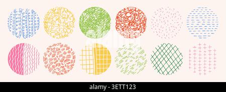 Hand drawn round abstract backgrounds simple patterns set. Doodle spots, drops brush strokes crayon curves lines scribble circle shapes. Trendy patterns for posters, social media colorful templates Stock Vector