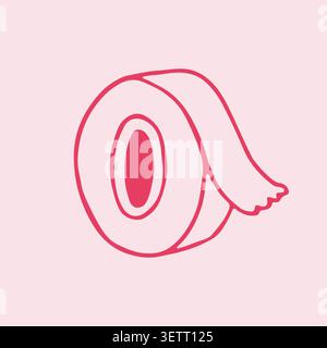 Hand drawn vector illustration of a pink washi tape roll. Cute stationery tool for scrapbooking and decoration. Aesthetic craft accessory in doodle Stock Vector