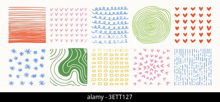 Hand drawn square abstract backgrounds patterns set. Doodle spots, drops brush strokes crayon curves lines scribble circle shapes. Trendy patterns for posters, social media icons colorful templates Stock Vector