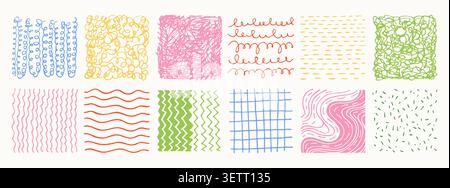 Hand drawn square abstract backgrounds patterns set. Doodle spots, drops brush strokes crayon curves lines scribble circle shapes. Trendy patterns for posters, social media icons colorful templates Stock Vector