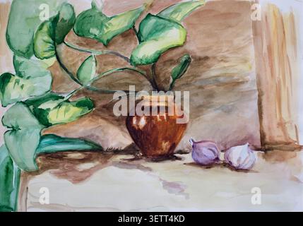 A watercolor still life study depicting a room plant in clay pot and garlics Stock Photo