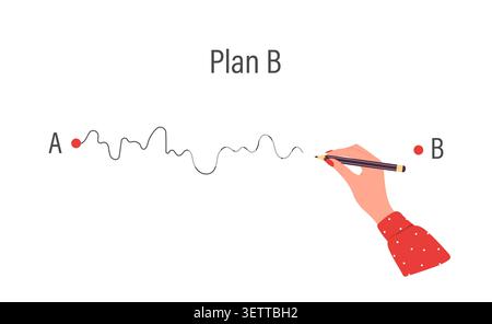 Plan B concept. Female hand holding red pencil and leads a drawing line from point A to point B. Concept of problems and solutions. Vector Stock Vector