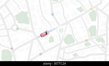 City map top view with car icon and location signal zones. Vector illustration. Stock Vector
