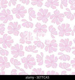 Cute pink flower line art seamless pattern on white background. Modern hand drawn floral vector illustration for textile, fabric, wallpaper, wrapping. Stock Vector
