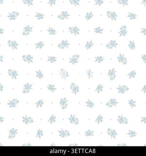 Cute dusty blue flower seamless pattern with polka dots on white background. Vintage ditsy floral vector illustration for baby fabric, textile. Stock Vector