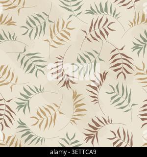 Minimalist earth tone palm leaves seamless pattern on beige background. Modern boho botanical branch vector illustration with watercolor texture. Stock Vector