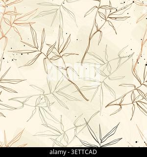 Minimalist earth tone palm leaves seamless pattern on beige background. Modern boho botanical branch vector illustration with watercolor texture. Stock Vector