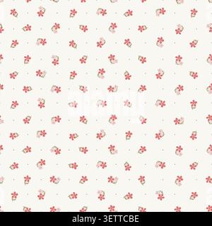 Cute red flower seamless pattern with polka dots on cream background. Vintage ditsy floral vector illustration for kitchen fabric, textile, wallpaper. Stock Vector