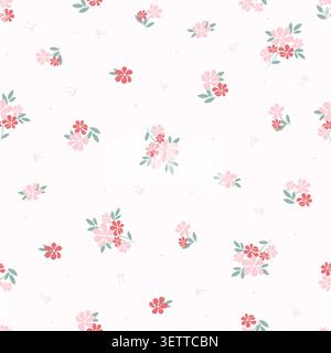Cute pink bouquet wildflower seamless pattern with bows on white background. Vintage ditsy floral vector illustration for fabric, textile, wallpaper. Stock Vector