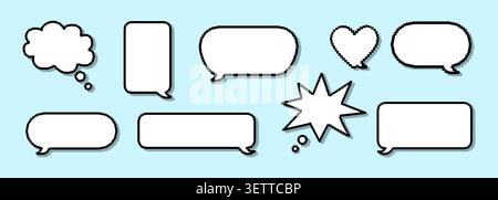 Pixel dialogue box. Set of flat cartoon elements for talk or speak. Grid background for quote. Speech frame for communication or memo Stock Vector