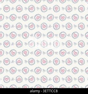 Cute heart and bow ribbon seamless pattern on white background. Vintage ditsy geometric vector illustration for baby fabric, textile, wallpaper. Stock Vector