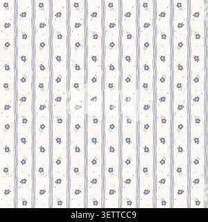 Seamless vintage floral pattern vector with tiny blue flowers and vertical stripes background. Cottagecore aesthetic botanical wallpaper illustration. Stock Vector