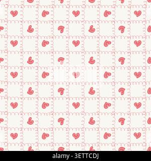 Cute pink heart seamless pattern on grid curly line background. Abstract doodle checkered layout texture. Sweet romantic vector illustration. Stock Vector