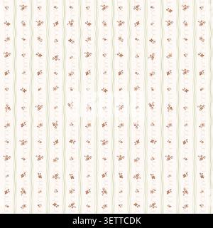 Cute vintage floral seamless pattern with tiny brown flowers and green vertical wavy lines. Minimalist ditsy flower background on beige backdrop. Stock Vector