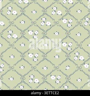 Seamless coquette floral pattern vector with tiny white flowers in ribbon bow lattice on green background. Vintage cottagecore quilted wallpaper. Stock Vector