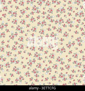 Seamless ditsy floral pattern vector with tiny red and white flowers on beige background. Vintage cottagecore botanical wallpaper illustration for fab Stock Vector