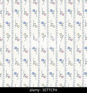 Seamless vintage floral stripe pattern vector with tiny colorful flowers and doodle loop lines. Cottagecore botanical wallpaper illustration. Stock Vector