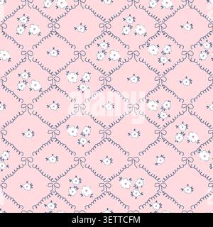 Seamless coquette floral pattern vector with tiny white flowers in ribbon bow lattice on pink background. Vintage cottagecore quilted wallpaper illust Stock Vector
