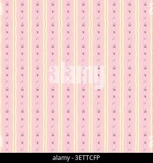 Seamless vintage stripe floral pattern vector with tiny red berries and pink vertical lines. Cottagecore botanical wallpaper illustration for textile. Stock Vector