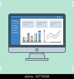 Computer Monitor displaying Data Analytics Dashboard with Charts and Graphs Stock Vector