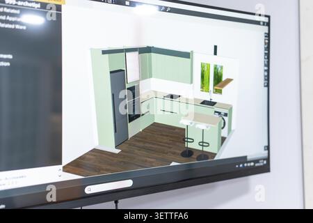 Computer screen showing a digital rendering of a modern kitchen interior, presenting a detailed 3d plan for home improvement, renovation, and interior Stock Photo