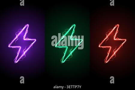 Neon lightning bolt icons set with electric discharge effect. Colorful purple, green, and red glow thunderbolt symbols on black background. Energy. Stock Vector