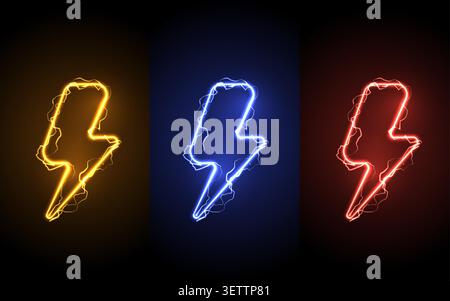 Neon lightning bolt icons set with electric discharge effect. Colorful purple, green, and red glow thunderbolt symbols on black background. Energy. Stock Vector