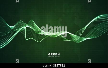 Abstract green technology background with glowing wavy light lines. Eco friendly digital network wave, clean energy concept, AI data stream banner. Stock Vector