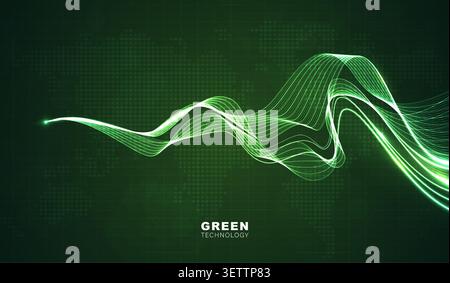 Abstract green technology background with glowing wavy light lines. Eco friendly digital network wave, clean energy concept, AI data stream banner. Stock Vector