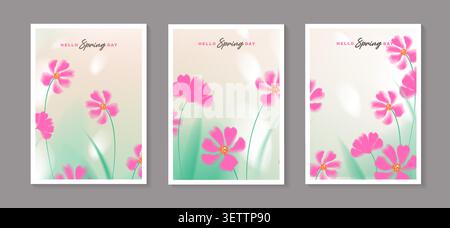 Set of spring vector posters with beautiful pink cosmos flowers. Collection of soft pastel watercolor floral covers template for greeting card. Stock Vector