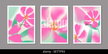 Set of spring vector posters with abstract blurred pink flowers. Collection of soft pastel watercolor floral covers template for greeting card. Stock Vector