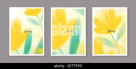Set of spring vector posters with abstract blurred yellow flowers. Collection of soft pastel watercolor floral covers template for greeting card. Stock Vector