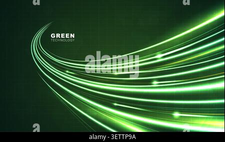 Abstract green technology background with glowing wavy light lines. Eco friendly digital network wave, clean energy concept, AI data stream banner. Stock Vector