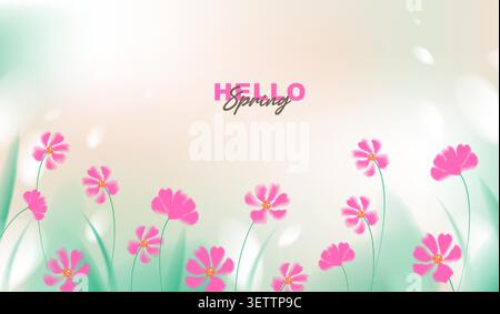 Hello spring vector background with beautiful pink cosmos flowers and green grass. Soft pastel watercolor floral template for greeting card, wedding. Stock Vector