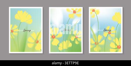 Set of spring vector posters with yellow cosmos flowers. Collection of soft pastel watercolor floral covers template on blue sky for greeting card. Stock Vector