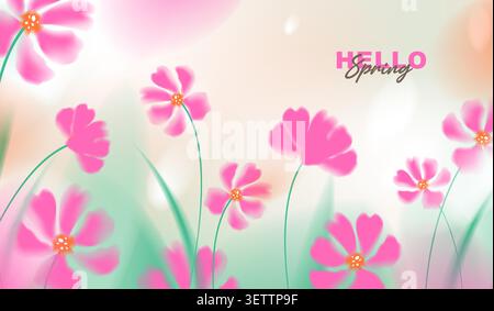 Hello spring vector background with beautiful pink cosmos flowers and green grass. Soft pastel watercolor floral template for greeting card, wedding. Stock Vector