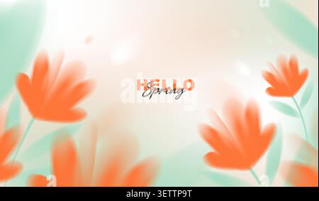 Hello spring vector background with abstract blurred orange flowers and green leaves. Soft pastel watercolor floral template for greeting card, banner Stock Vector