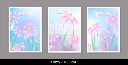 Set of spring floral poster templates with abstract blurred pink cosmos flowers background, soft focus blooming daisies illustration for vertical. Stock Vector