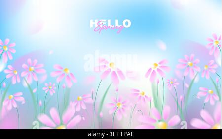 Beautiful spring horizontal banner with pink cosmos flowers on abstract blurred bokeh background, vector illustration of blooming floral backdrop. Stock Vector