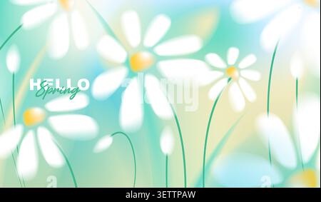 Hello spring greeting card vector background with beautiful white daisy flowers blooming in fresh green and blue soft bokeh, perfect for seasonal. Stock Vector