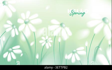 Beautiful spring horizontal banner with white daisy flowers on abstract blurred green background, vector illustration of blooming daisies floral. Stock Vector