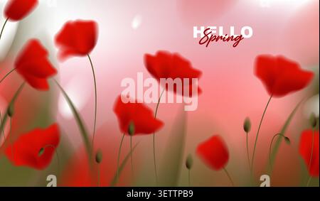 Beautiful spring horizontal banner with red poppy flowers on abstract blurred bokeh background, vector illustration of blooming poppies floral. Stock Vector