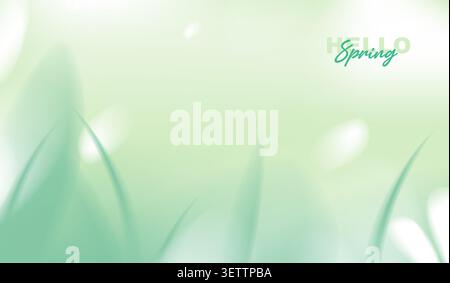 Hello spring greeting card vector background with copy space, abstract minimal organic soft green fluid gradient blur, fresh grass leaves and bokeh. Stock Vector