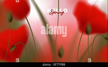 Beautiful spring horizontal banner with red poppy flowers on abstract blurred bokeh background, vector illustration of blooming poppies floral. Stock Vector