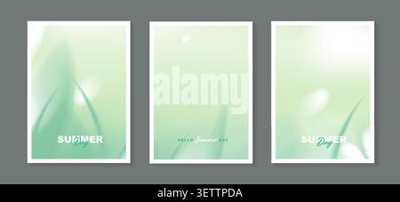 Abstract fluid sage green leaf nature gradient background set for summer poster, vertical cover design template with soft bokeh light liquid wave. Stock Vector