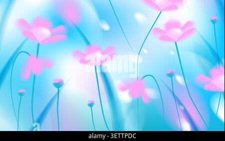 Abstract spring vector background with vibrant neon pink cosmos flowers blooming in vivid blue cyan fluid gradient blur, beautiful trendy glowing. Stock Vector