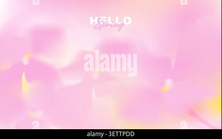 Hello spring greeting card vector background with copy space, abstract minimal soft pink yellow fluid gradient blur, dreamy romantic orchid blossom. Stock Vector