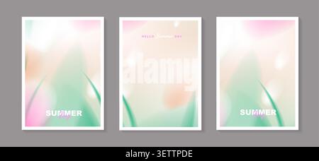 Abstract fluid sage green pink pastel gradient background set for summer poster, vertical cover design template with soft peach nature leaf liquid. Stock Vector