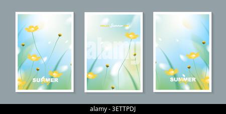 Abstract fluid summer meadow yellow flower gradient background set, vertical poster cover design template with green grass sunny blue sky liquid wave. Stock Vector